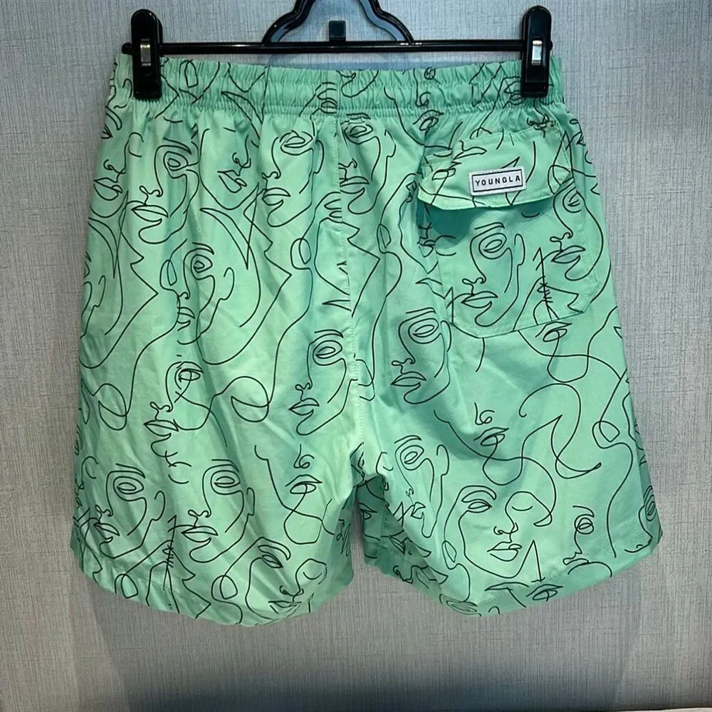 YoungLA Mint Green Abstract Face Line Art Swim Shorts Sz Large *NO MESH LINING*